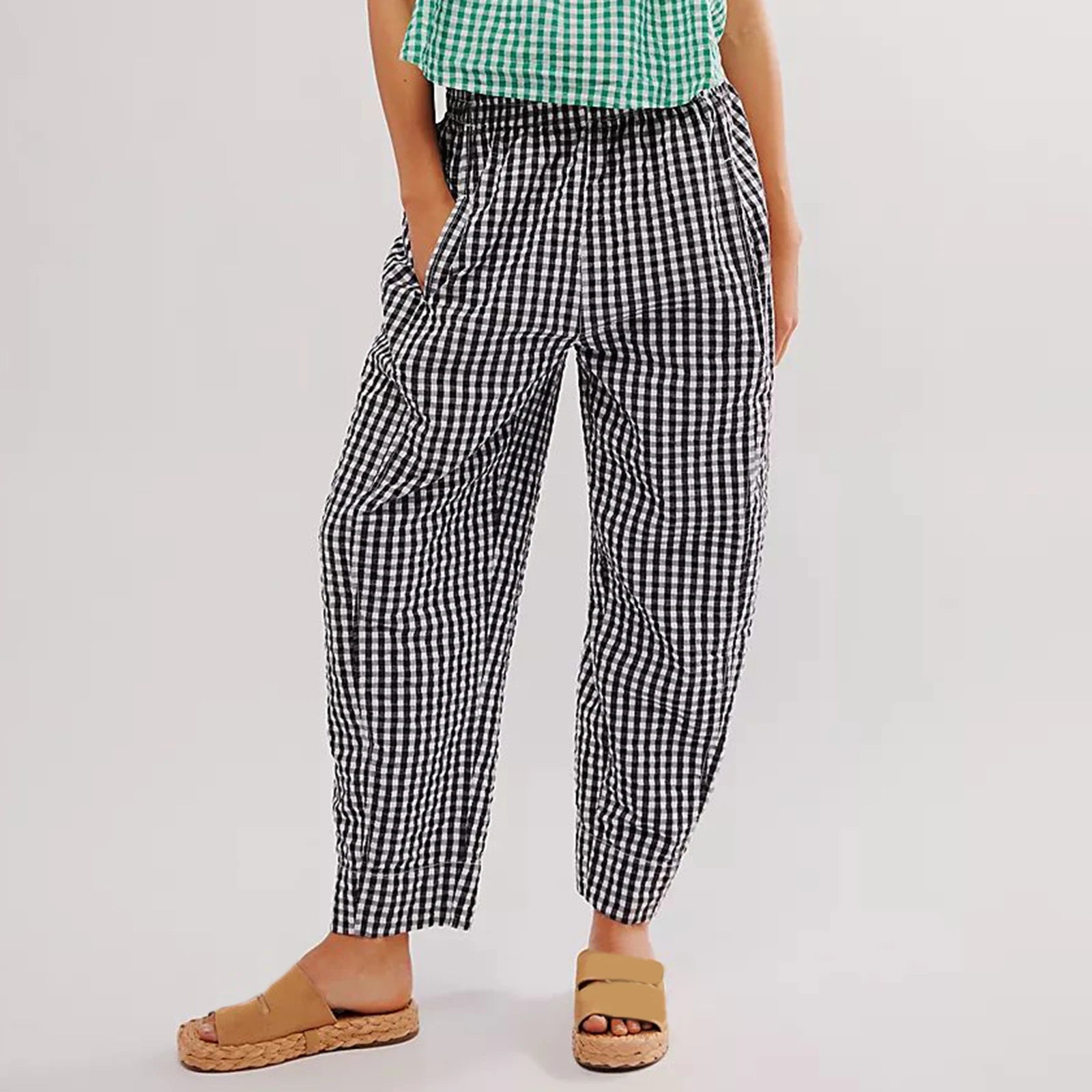 Reinforced knee pants for tough outdoor tasks -Gingham Wide Leg Plaid Drawstring Checked Loose Fit Casual Home Pants