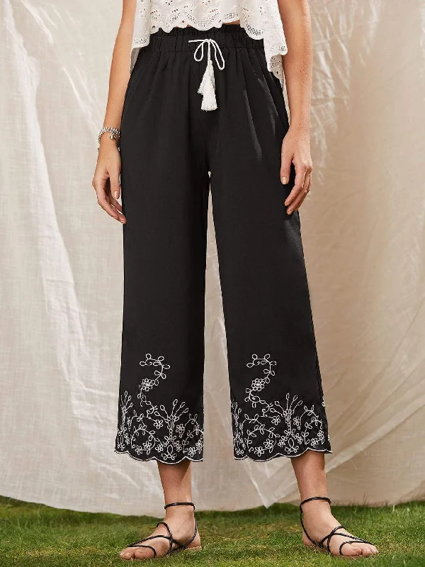 Windproof pants for chilly outdoor activities -Tassel Tie Embroidered Wide Leg Pants