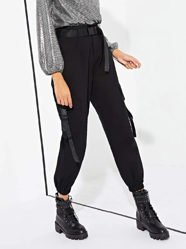 Bold patterned pants for standout fashion statements -Solid Pocket Detail Cargo Utility Pants