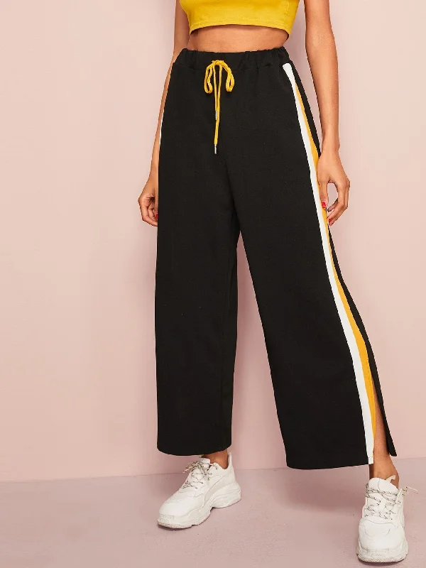 Soft stretch pants for all-day wear ease -Striped Slit Side Drawstring Waist Pants