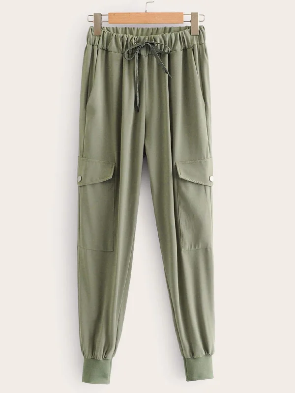 Tailored slim pants for polished business looks -Pocket Side Drawstring Waist Cargo Pants