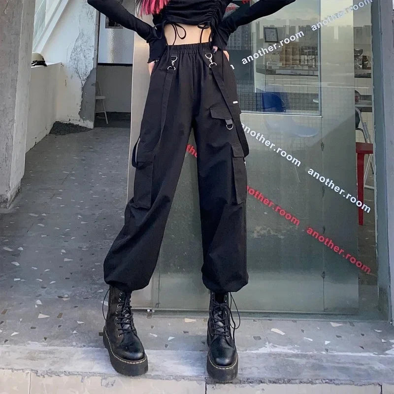 Comfortable stretch pants for casual daily wear -Black High Pants Streetwear Women Waist Gothic Techwear Cargo Pants