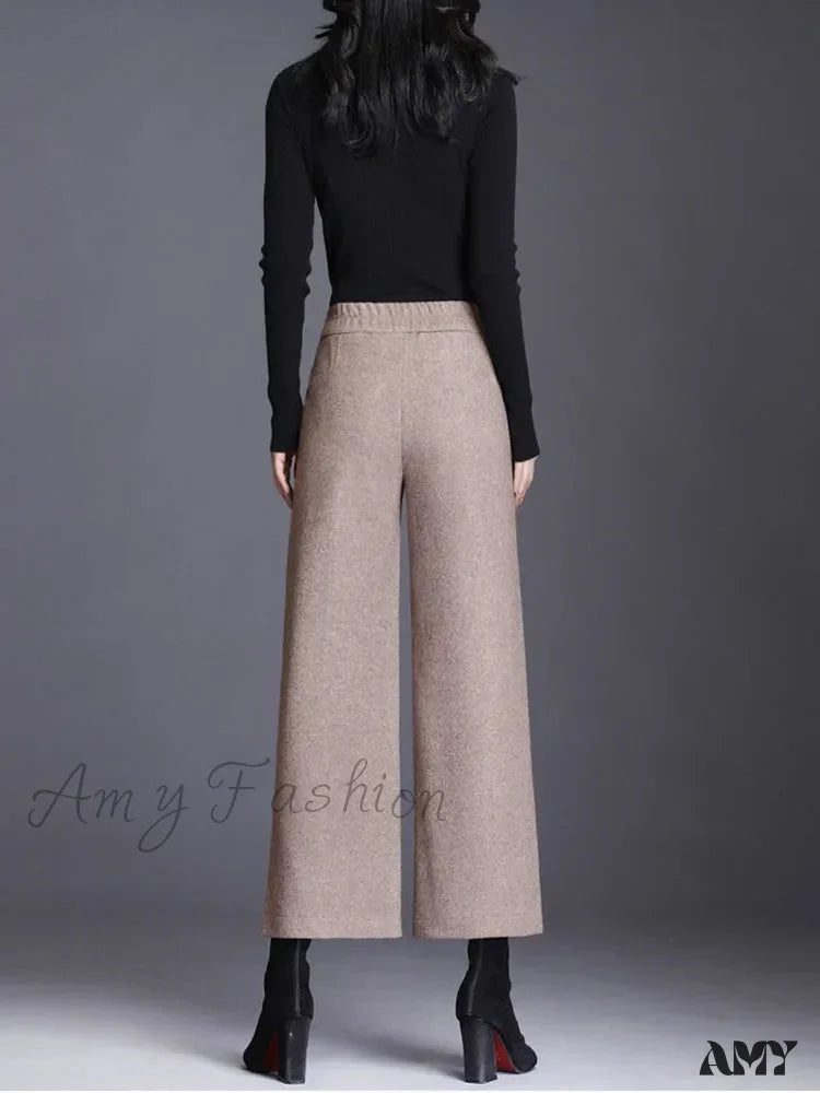 Quick-dry pants for active sports enthusiasts -Elegant Woolen Blend Wide Leg High Waist Office Pants