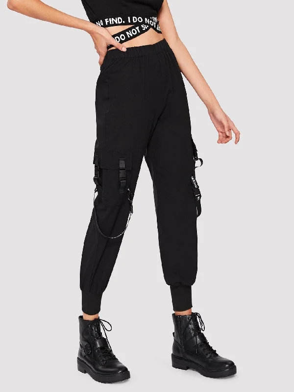 Soft velvet pants for cozy holiday outfits -Letter Tape Buckle Detail Sweatpants