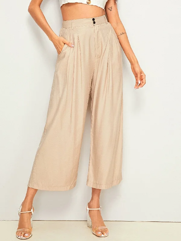 Breathable cotton pants for all-day summer ease -High Rise Wide Leg Solid Pants