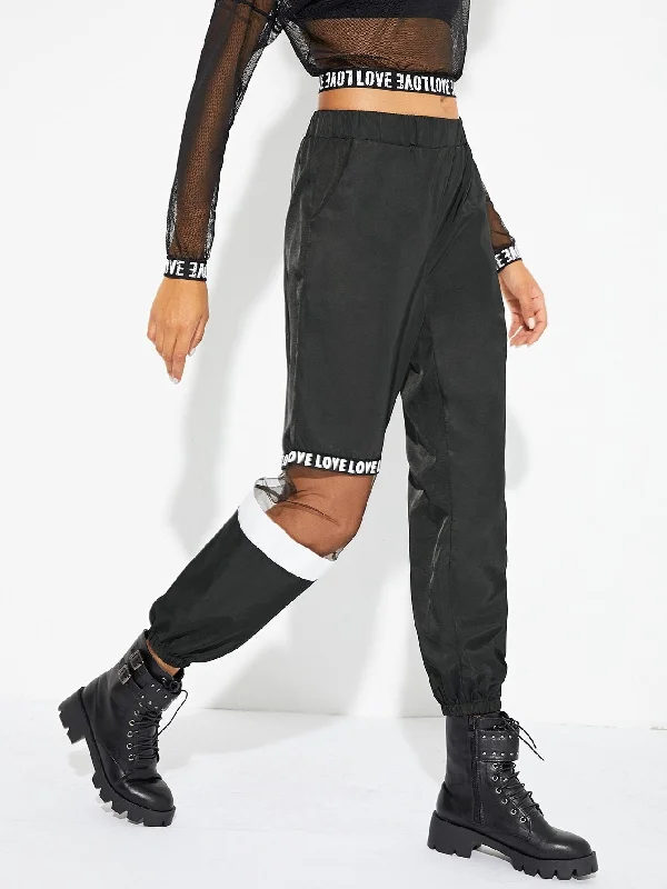 Weather-resistant pants for unpredictable climate needs -Mesh Contrast Letter Print Utility Pants