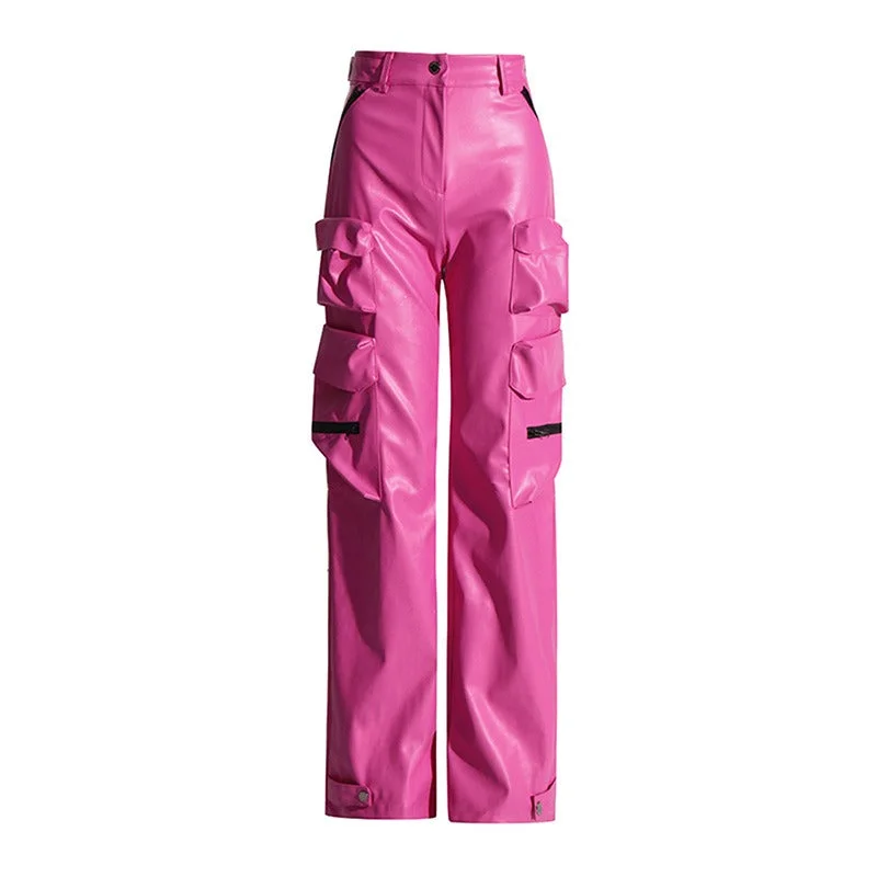 Durable cargo pants for outdoor hiking adventures -Pink High Waist PU Leather Spliced Cargo Pants