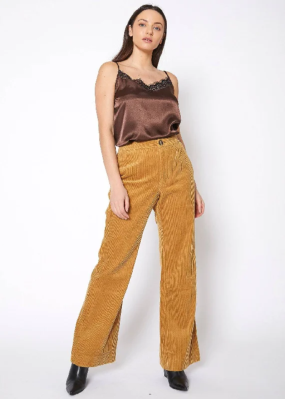 Flowy wide pants for artistic bohemian vibes -Women's Corduroy Wide Leg High Waist Pants in Dijon