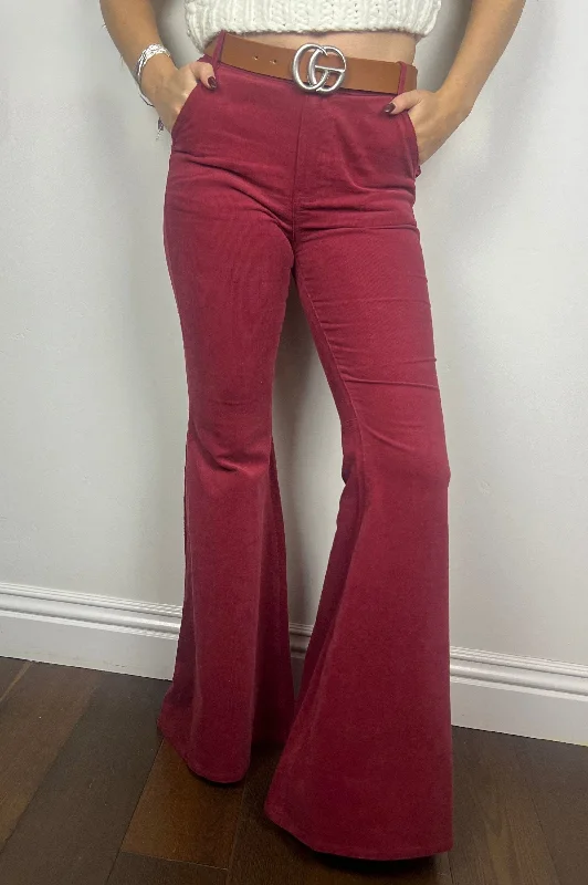 Soft stretch pants for all-day wear ease -Cowgirl Corduroy Flare Pants Wine