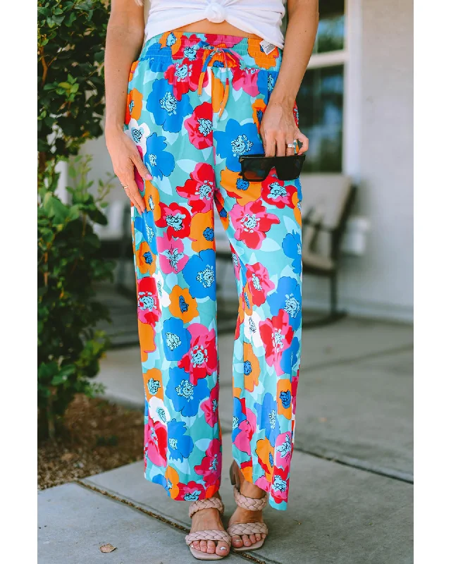 Vintage high-waisted pants for nostalgic wardrobe charm -Azura Exchange Abstract Floral Print Drawstring Pants - M