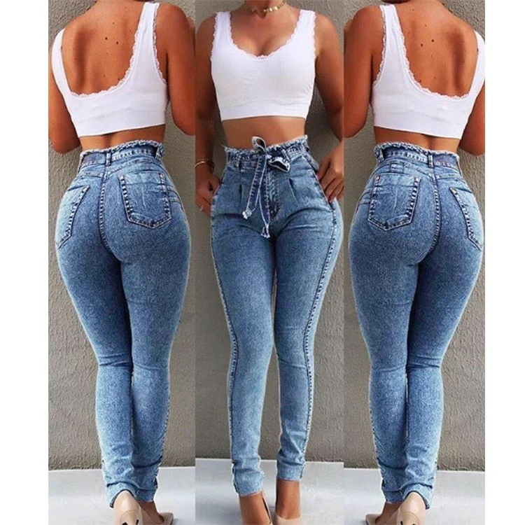 Vintage denim pants for timeless rugged style -High Waist Stretchy Denim Print Pencil Pants (3 colors)