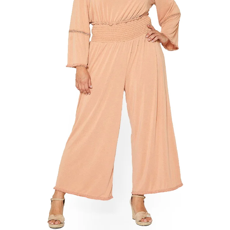 Athletic track pants for running training days -Plus Size Smocked Waist Wide Leg Palazzo Pants in Apricot