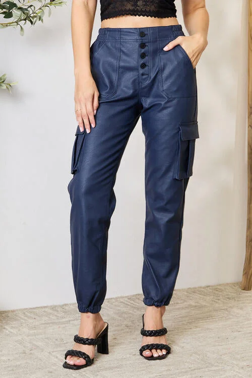 Soft cotton pants for sensitive skin comfort -Navy Blue Faux Leather High Waist Cargo Pants