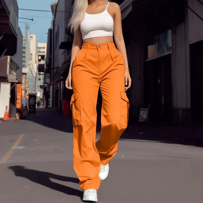 Stylish wide-leg pants for bold evening looks -2024 Trendy Women Wide Leg Cargo Pants Street Vibes Flap Pockets Drawstring Ruched High Waist Parachute Women Pants