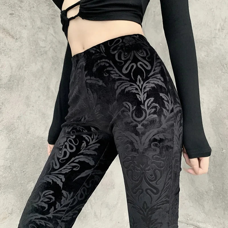 Designer leather pants for high-fashion nightwear -Retro Print Black Pants for Halloween Celebrations