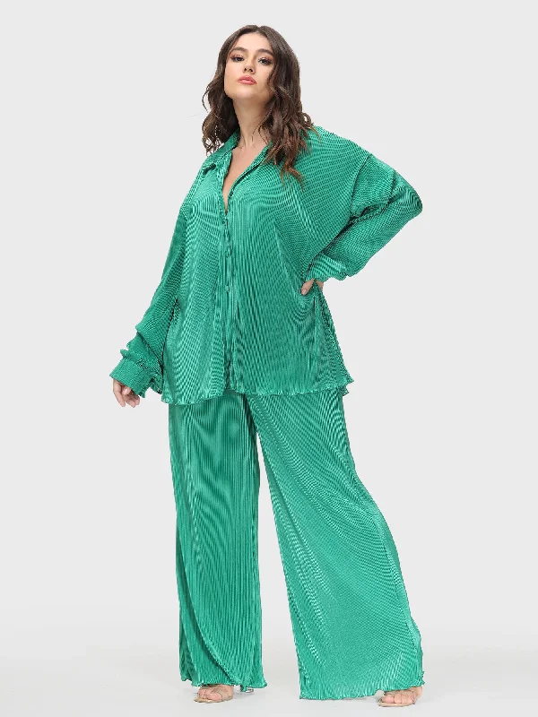 Stylish wide-leg pants for bold evening looks -Thin Pleated Wide-Legged Pants Suit Set