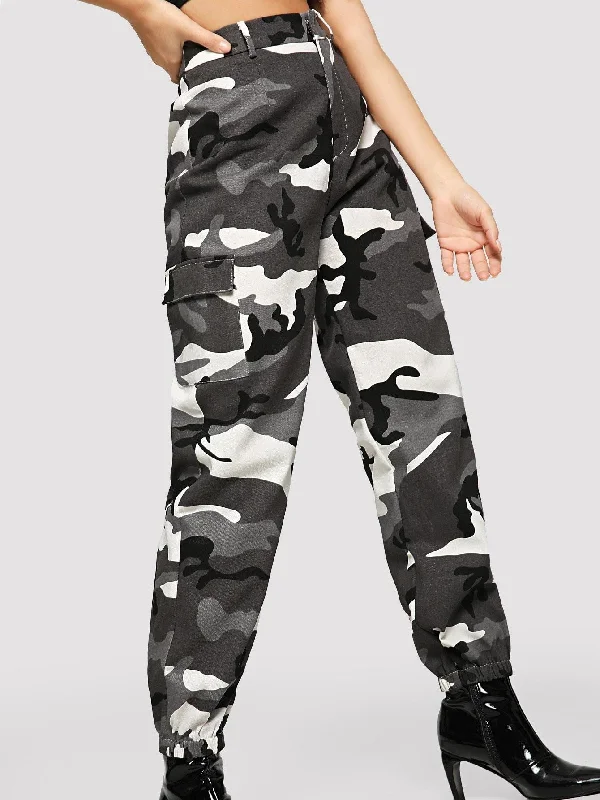 Vintage high-waisted pants for nostalgic wardrobe charm -Flap Pocket Side Camo Utility Pants