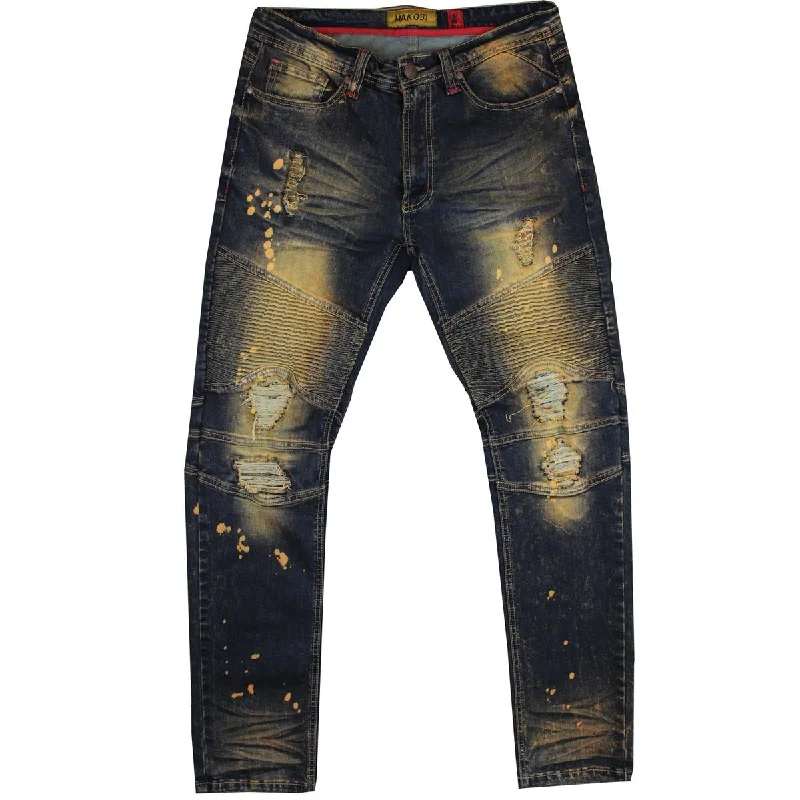 Five Pocket Jeans for Storage -M1733 Biker Jeans With Bleach Spots - Dirt Wash