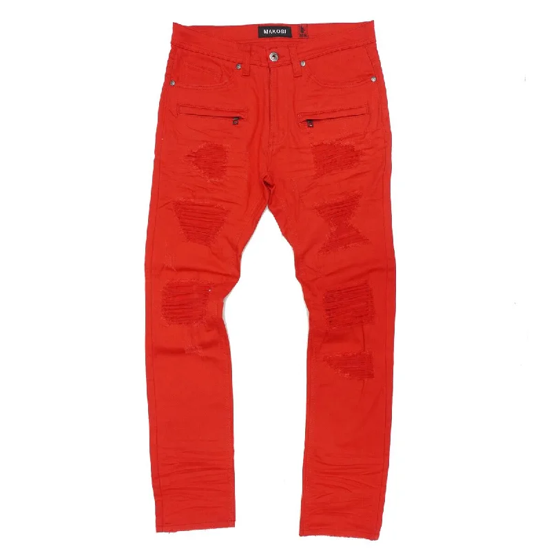 Stonewashed Jeans for Softness -M1944 Pipa Shredded Jeans - Red