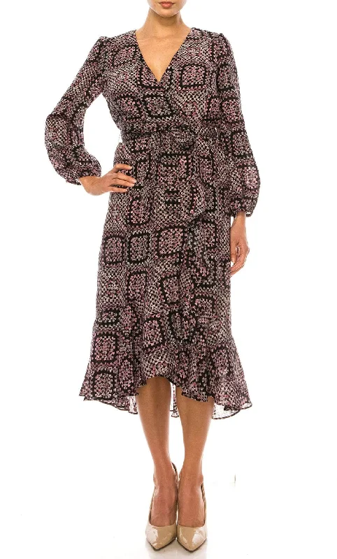 Plus size dresses with sturdy hems stay firm -Maison Tara 95611M - Faux Wrap Long Sleeve Dress