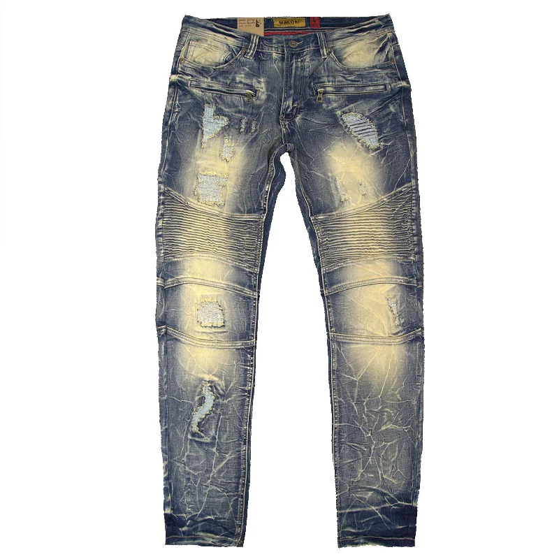 Raw Hem Jeans for Trendy -M1786 Makobi Prado Biker Jeans with Rip & Repair - Dirt Wash