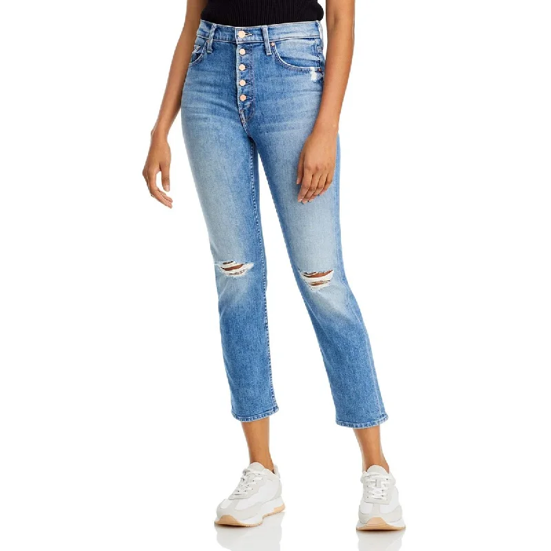 Wide Leg Jeans for Comfort -Mother Womens The Pixie Tomcat Button Fly Straight Leg Cropped Jeans