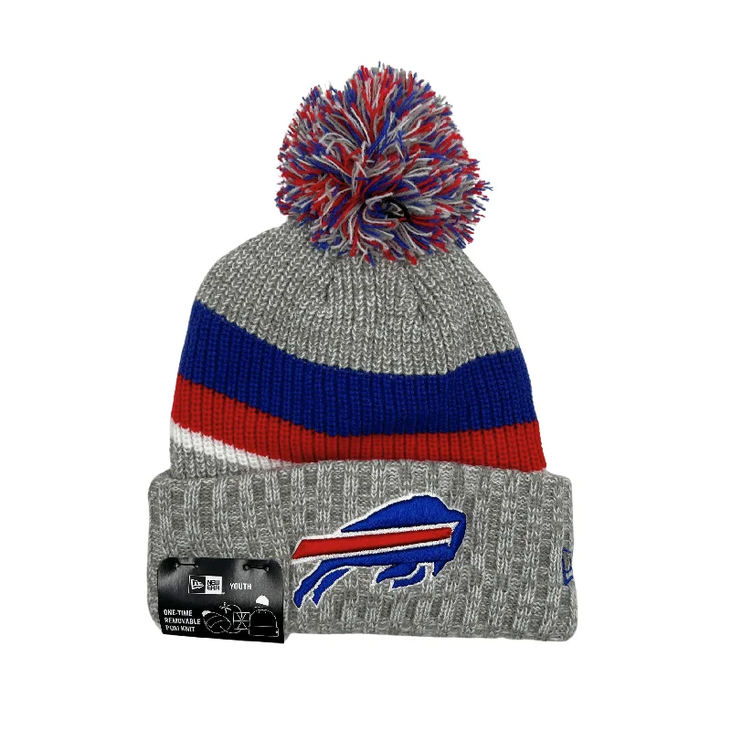 Neon graphic cap for eye-catching night runs -Youth New Era Buffalo Bills Gray Striped Knit Pom Pom Hat