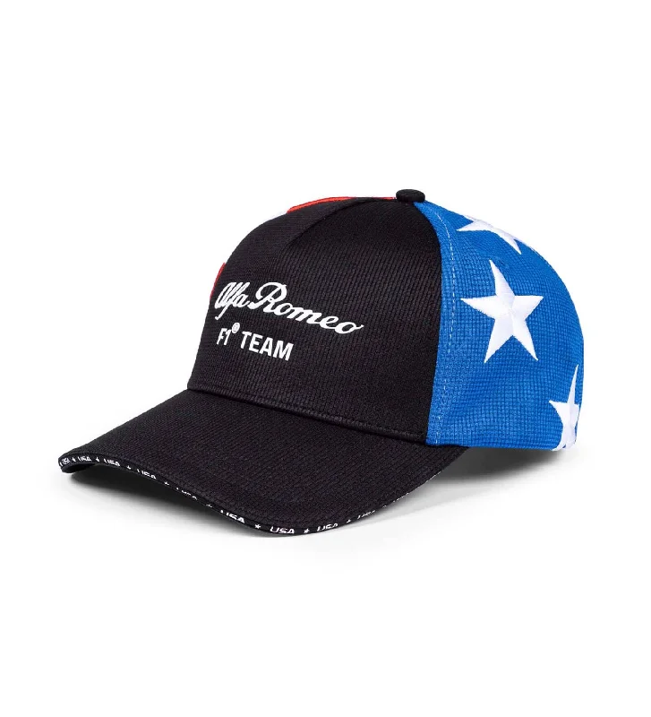 Lightweight cap for easy travel packing -Alfa Romeo Racing F1 Special Edition Stars & Stripes USA GP Baseball Hat - Black