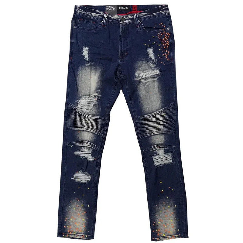 Holiday Jeans for Festive -M1783 Makobi Cape Biker Jeans with Paint Splash - Dark Wash