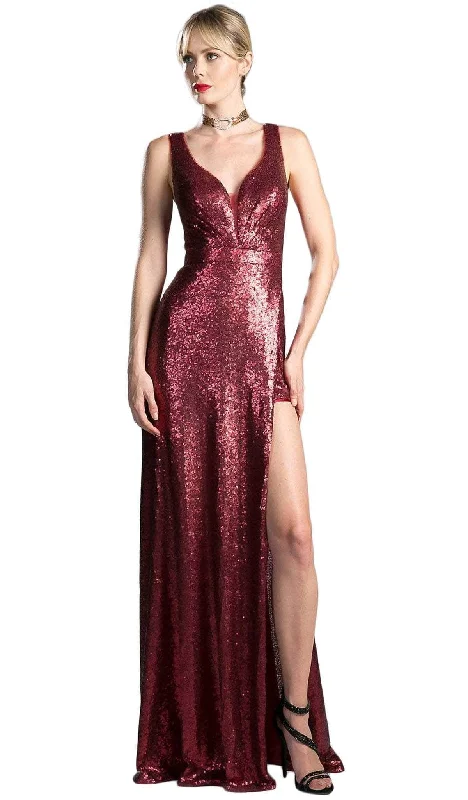 Plus size dresses featuring velvet textures feel plush -Ladivine CH565 - V-Neck Fitted Silhouette and Slit Evening Gown