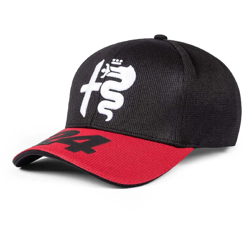 Premium cap with leather strap accent -Alfa Romeo Racing F1 2023 Guanyu Zhou #24 Team Baseball Hat- Black