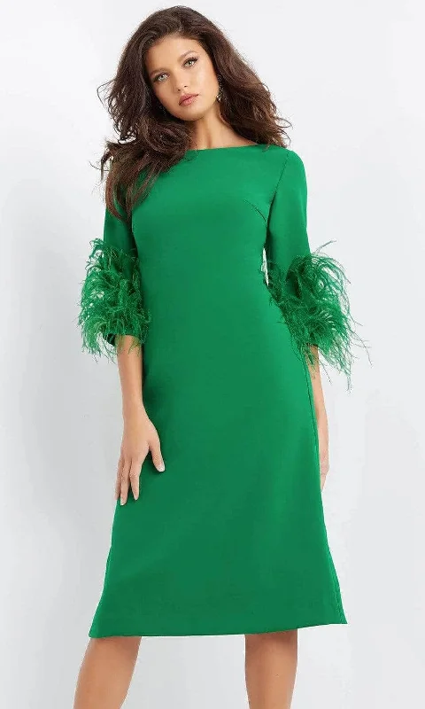 Plus size dresses with scoop necklines feel classic -Jovani 07341SC - Feathered Quarter Sleeve Dress