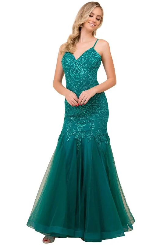 Plus size dresses for outdoor parties stay fun -Nox Anabel - H402 Spaghetti Strap Beaded Trumpet Gown