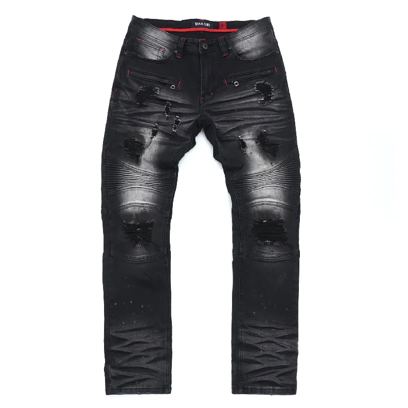 Light Wash Jeans for Casual -M1924 Makobi Daytona Biker Jeans - Black Wash