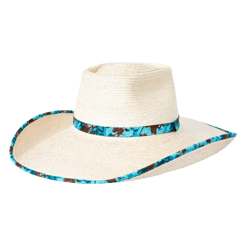 Black mesh cap for breathable summer wear -Ava Palm Leaf Hat - Natural/Turquoise