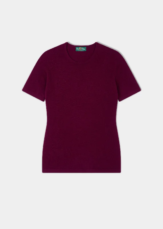 Bright red cap for standout team spirit -Lisa Ladies Cashmere Short Sleeve Crew Neck In Bordeaux