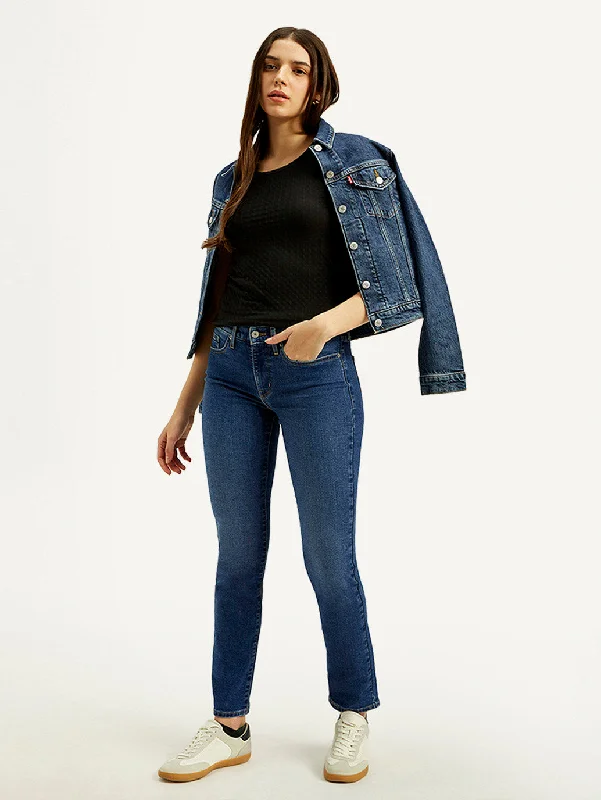 Low Waisted Jeans for Casual -Women's Mid Rise Straight Fit Dark Blue Jeans