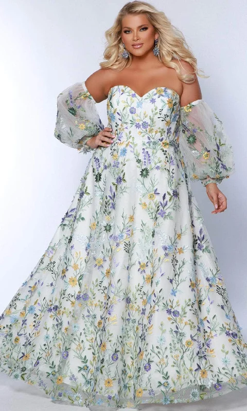 Plus size dresses with elastic waists stretch easily -Sydney's Closet SC7381 - Floral A-Line Prom Gown