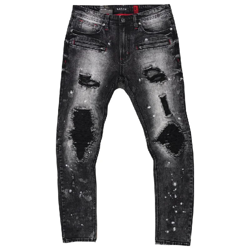 Cycling Jeans for Biking -M1771 Makobi Petani Shredded Jeans With Bleach Spots - Black Wash