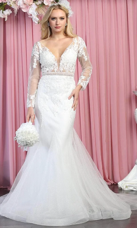 Plus size dresses featuring polka dots feel playful -May Queen RQ7892 - Long sleeves Deep V-neck Wedding Gown