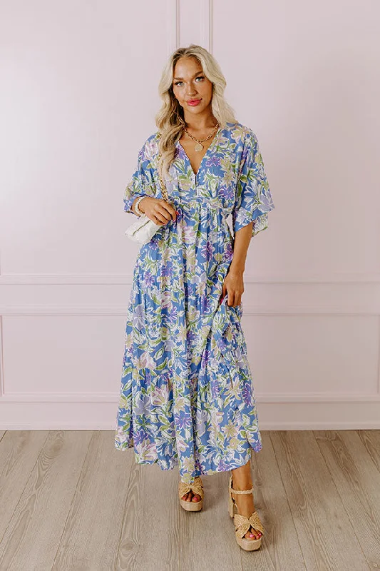 Plus size dresses with cap sleeves feel dainty -Blossom Breeze Floral Maxi In Periwinkle