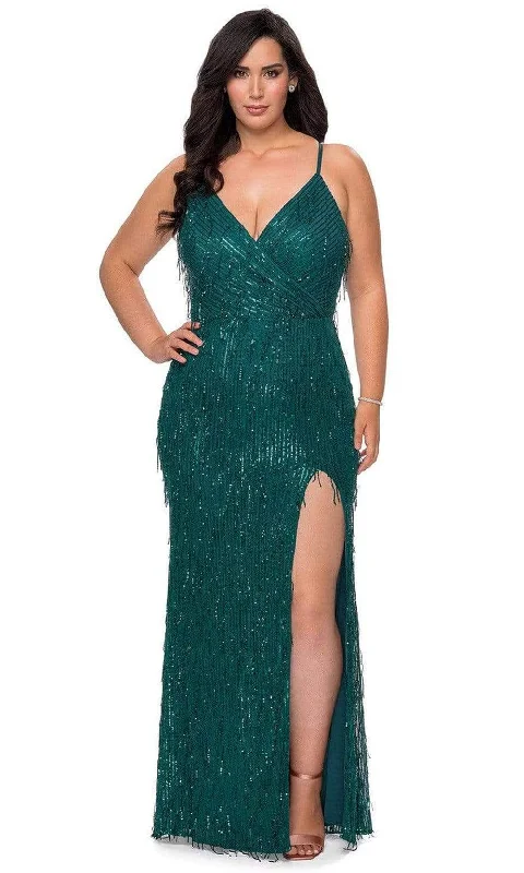 Elegant plus size dresses for weddings fit beautifully -La Femme - 29013 Sequined Plunging V-neck Sheath Dress