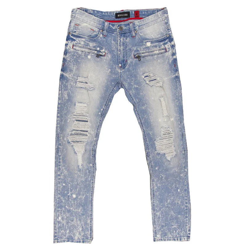 Yoga Jeans for Stretch -M1771 Makobi Petani Shredded Jeans With Bleach Spots - Light Wash