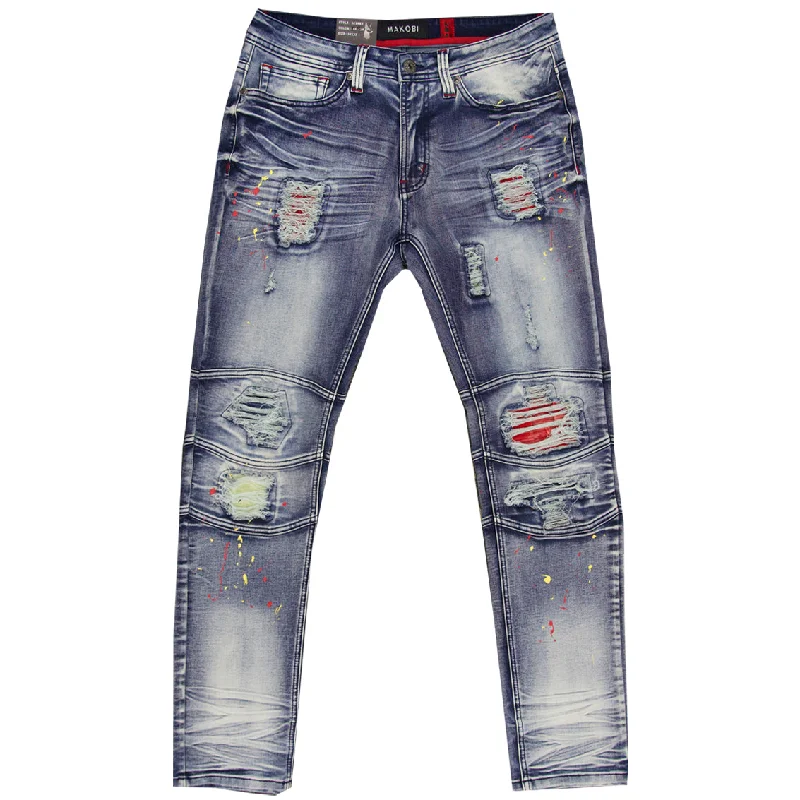 Gym Jeans for Workout -M1771 Makobi Petani Shredded Jeans With Bleach Spots - Dirt Wash