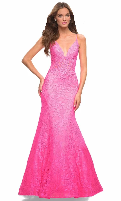 Plus size dresses featuring beaded hems are ornate -La Femme 30663 - Lace Mermaid Gown