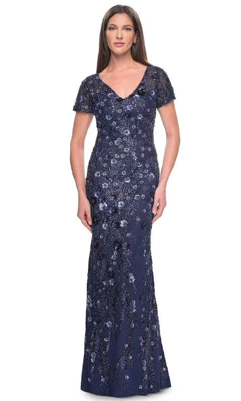 Plus size dresses with long sleeves cover comfortably -La Femme 31779 - V-Neck Sparkling Floral Embellished Evening Dress