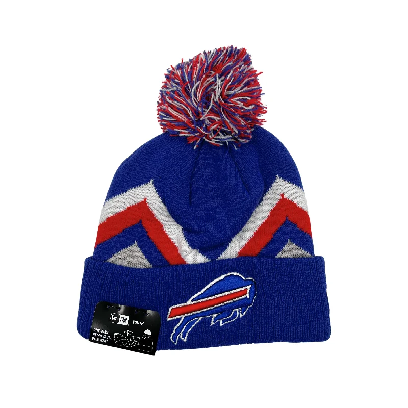 Designer baseball cap for luxury streetwear -Youth New Era Buffalo Bills Zig Zag Winter Pom Pom Hat