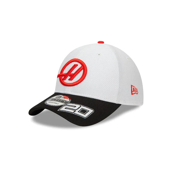 Breathable mesh cap for hot weather comfort -Haas Racing F1 New Era 9Forty 2024 Kevin Magnussen Team Baseball Hat - White