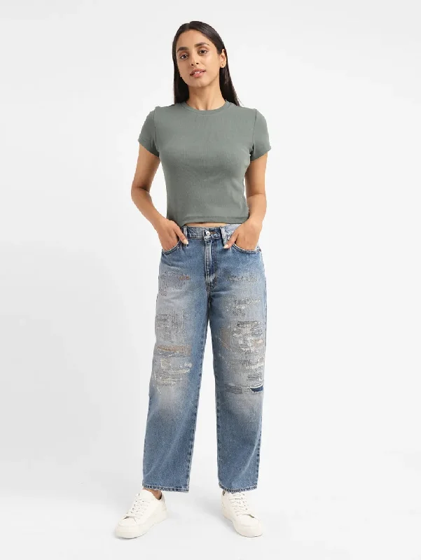 Button Fly Jeans for Traditional -Women's Mid Rise 94 Baggy Fit Jeans