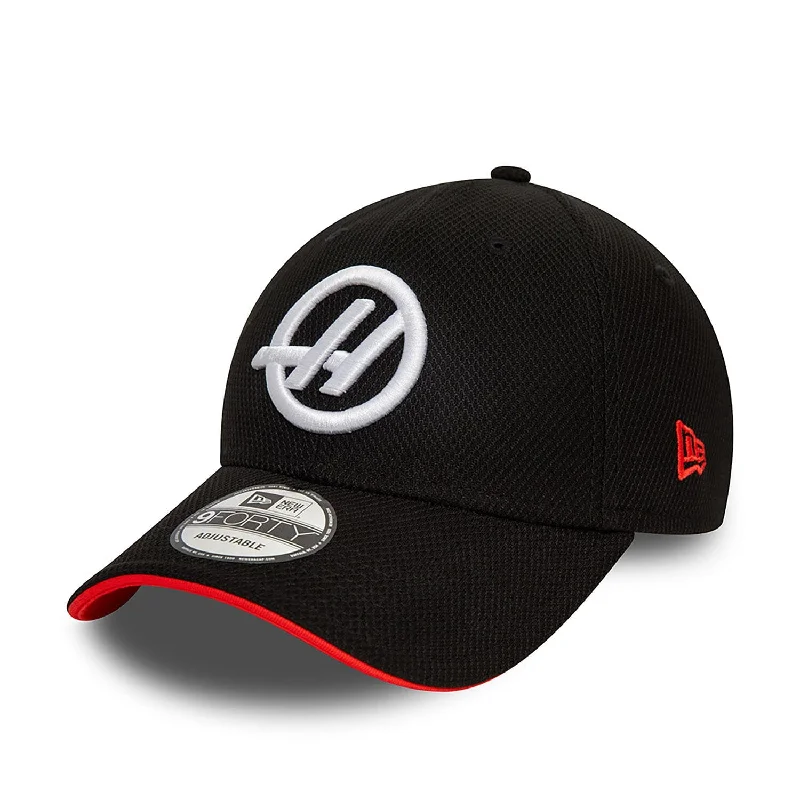 Premium cap with leather strap accent -Haas Racing F1 New Era 9Forty 2024 Team Black Baseball Hat - Adult/Kids